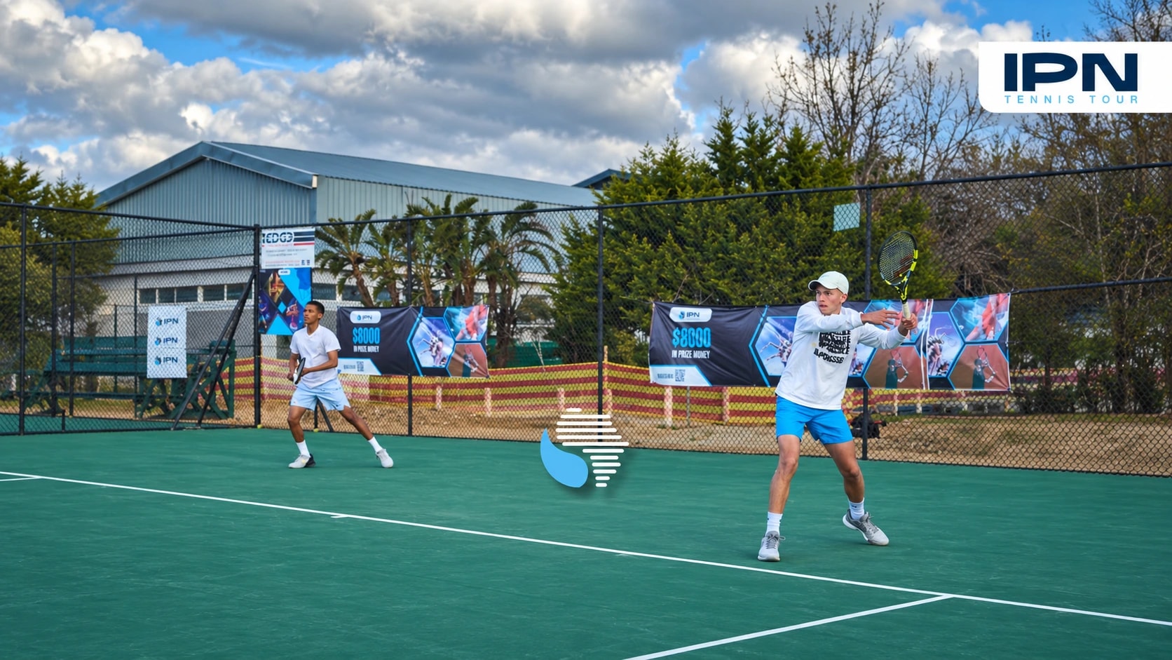 Two IPN Tennis Tour players in action on a tennis court